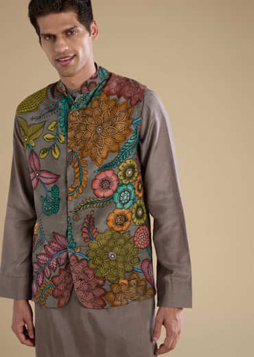Grey Kalamkari Mens Jacket Kurta and Pant Set