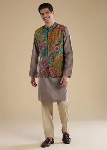 Grey Kalamkari Mens Jacket Kurta and Pant Set