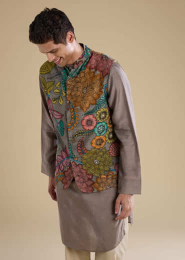 Grey Kalamkari Mens Jacket Kurta and Pant Set