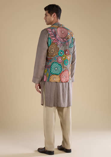 Grey Kalamkari Mens Jacket Kurta and Pant Set