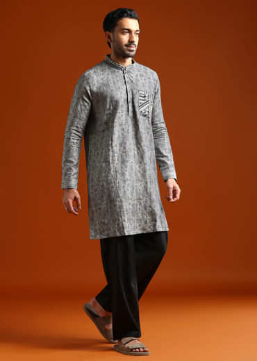 Grey Kurta Set For Men With Resham Embroidery
