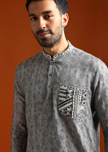 Grey Kurta Set For Men With Resham Embroidery