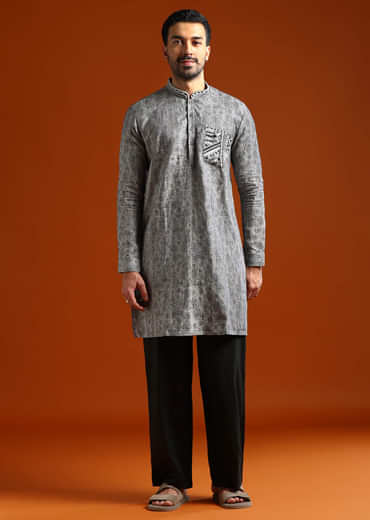 Grey Kurta Set For Men With Resham Embroidery