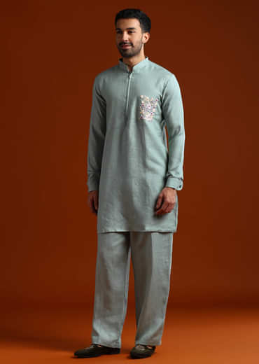 Grey Kurta Set For Men With Resham Work