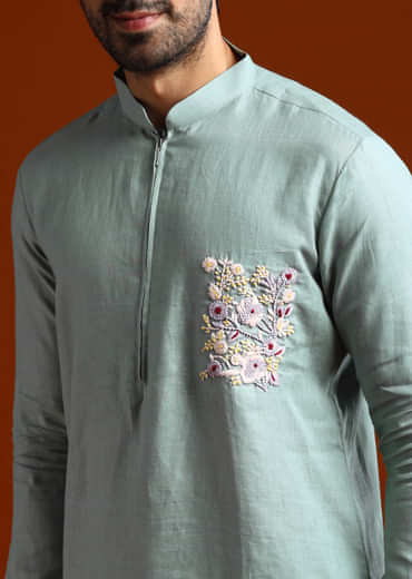 Grey Kurta Set For Men With Resham Work