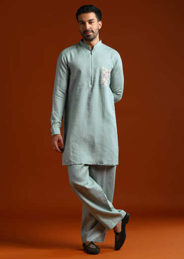 Grey Kurta Set For Men With Resham Work