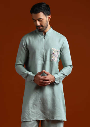 Grey Kurta Set For Men With Resham Work