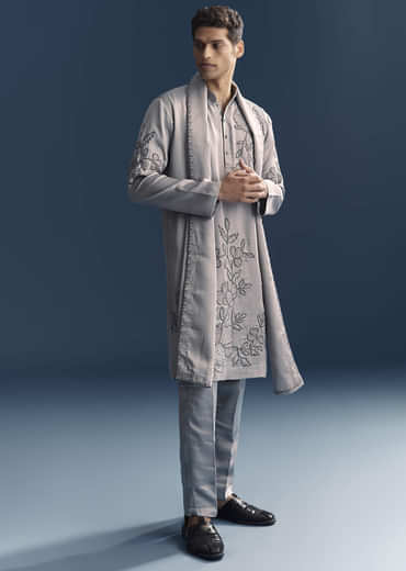 Grey Kurta Set For Men With Thread And French Knot Embroidery