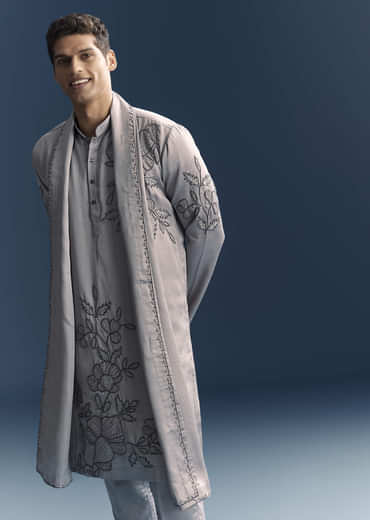 Grey Kurta Set For Men With Thread And French Knot Embroidery