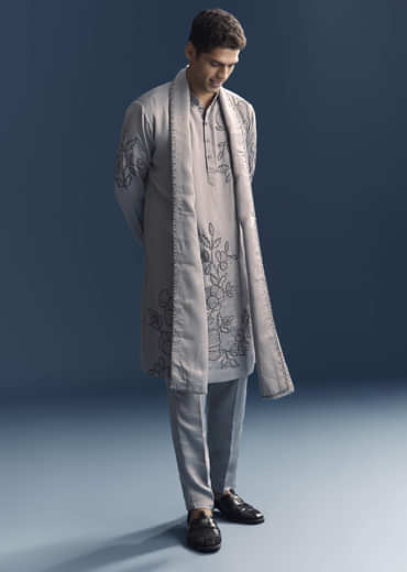 Grey Kurta Set For Men With Thread And French Knot Embroidery