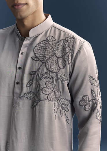 Grey Kurta Set For Men With Thread And French Knot Embroidery