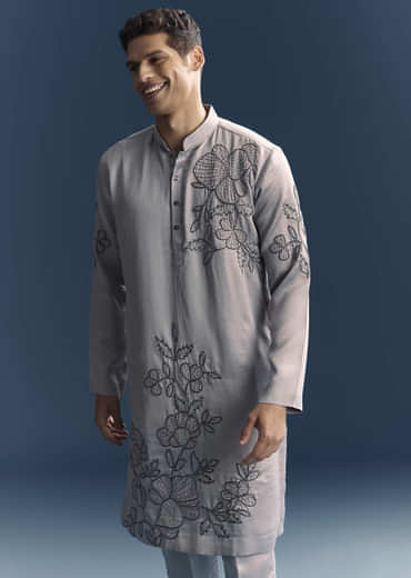Grey Kurta Set For Men With Thread And French Knot Embroidery