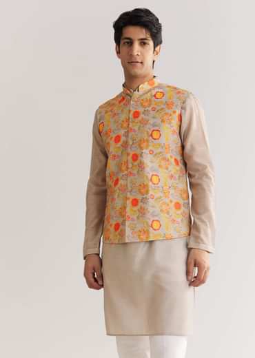 Grey Kurta Set With Floral Printed Jacket