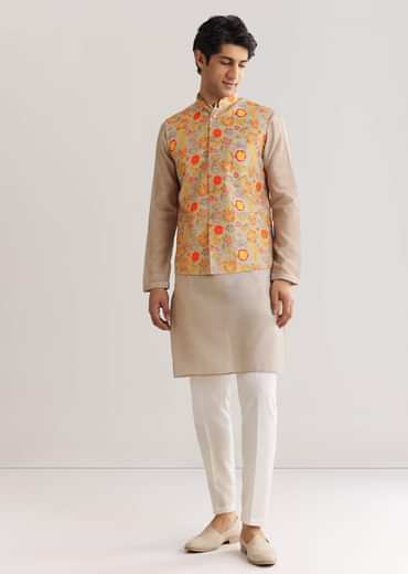 Grey Kurta Set With Floral Printed Jacket