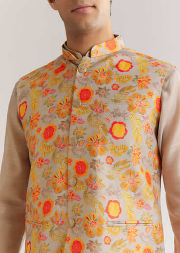 Grey Kurta Set With Floral Printed Jacket