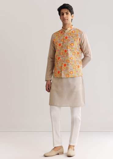 Grey Kurta Set With Floral Printed Jacket