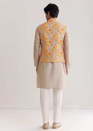 Grey Kurta Set With Floral Printed Jacket