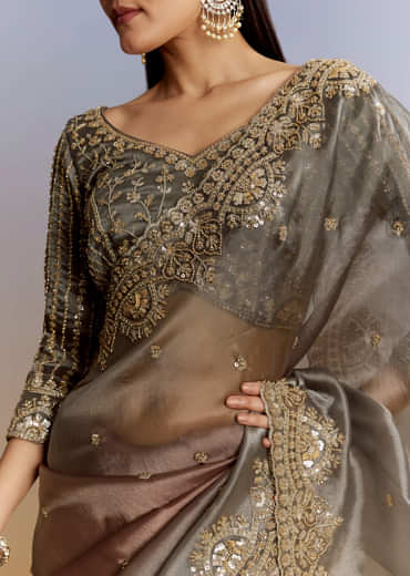 Grey Lavender Shaded Tissue Saree With Heavy Blouse Embroidery