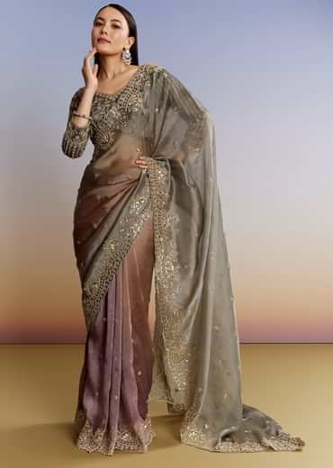 Grey Lavender Shaded Tissue Saree With Heavy Blouse Embroidery
