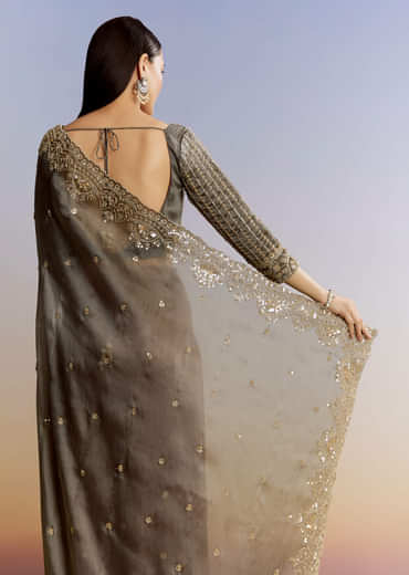 Grey Lavender Shaded Tissue Saree With Heavy Blouse Embroidery