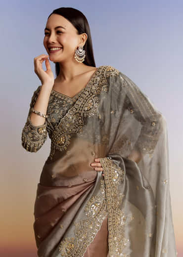 Grey Lavender Shaded Tissue Saree With Heavy Blouse Embroidery