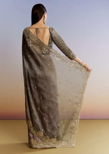 Grey Lavender Shaded Tissue Saree With Heavy Blouse Embroidery