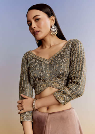 Grey Lavender Shaded Tissue Saree With Heavy Blouse Embroidery