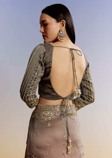 Grey Lavender Shaded Tissue Saree With Heavy Blouse Embroidery