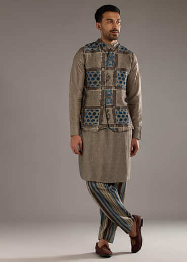Grey Linen Kurta Jacket Set For Men With Hand Block Ajrakh Print