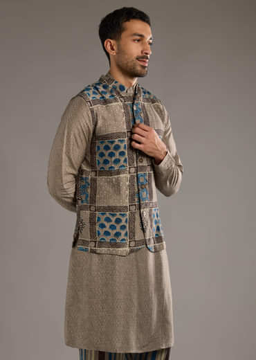 Grey Linen Kurta Jacket Set For Men With Hand Block Ajrakh Print