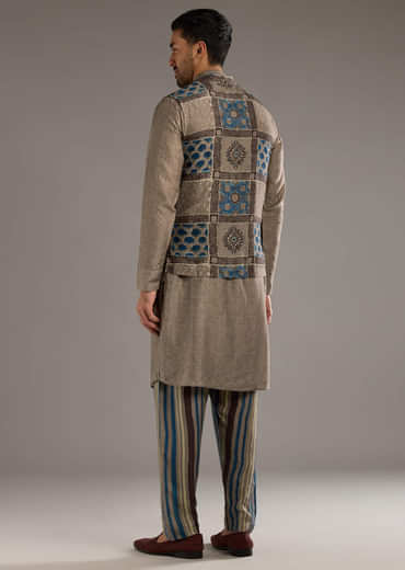 Grey Linen Kurta Jacket Set For Men With Hand Block Ajrakh Print