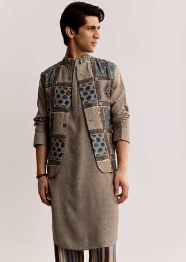 Grey Linen Kurta Jacket Set With Ajrakh Print