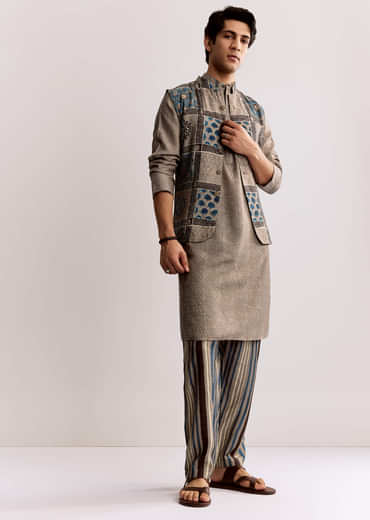 Grey Linen Kurta Jacket Set With Ajrakh Print
