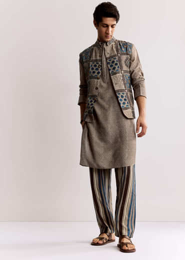 Grey Linen Kurta Jacket Set With Ajrakh Print