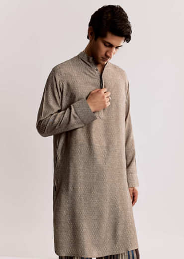Grey Linen Kurta Jacket Set With Ajrakh Print