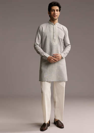 Grey Linen Kurta Set For Men With Thread And Resham Work