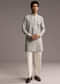 Grey Linen Kurta Set For Men With Thread And Resham Work