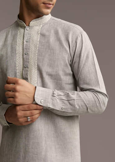 Grey Linen Kurta Set For Men With Thread And Resham Work