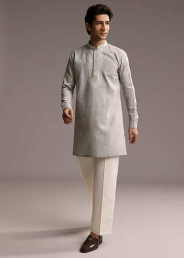 Grey Linen Kurta Set For Men With Thread And Resham Work