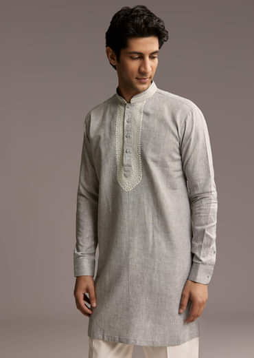 Grey Linen Kurta Set For Men With Thread And Resham Work