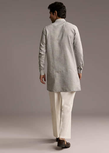 Grey Linen Kurta Set For Men With Thread And Resham Work