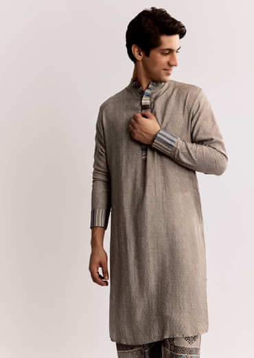 Grey Linen Kurta Set With Ajrakh Print