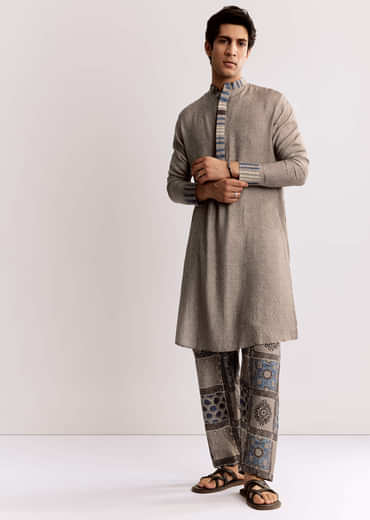 Grey Linen Kurta Set With Ajrakh Print