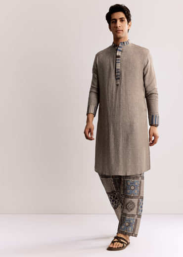 Grey Linen Kurta Set With Ajrakh Print