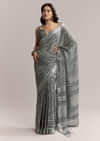 Grey Linen Printed Saree With Authentic Ajrakh Geometric Print