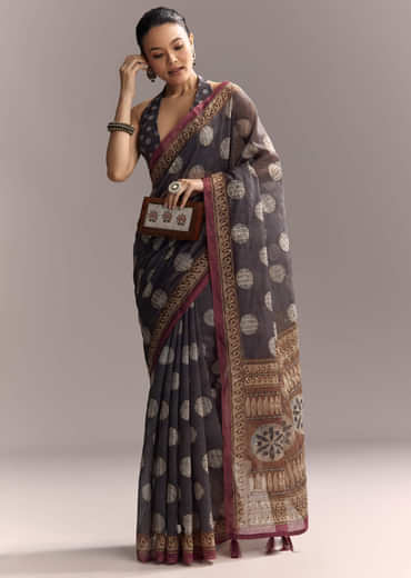 Grey Linen Saree With Authentic Ajrakh Print And Kantha Work