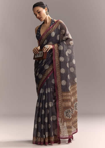Grey Linen Saree With Authentic Ajrakh Print And Kantha Work