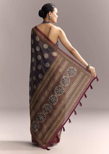 Grey Linen Saree With Authentic Ajrakh Print And Kantha Work