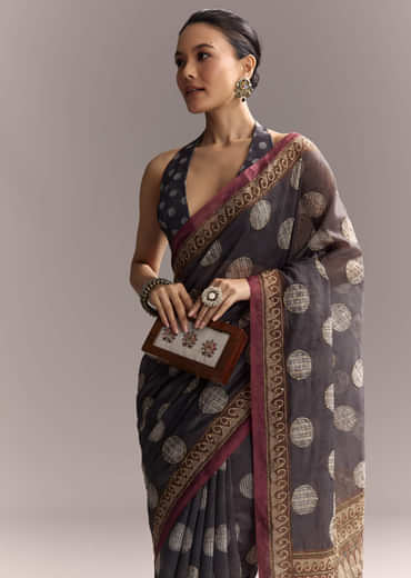 Grey Linen Saree With Authentic Ajrakh Print And Kantha Work
