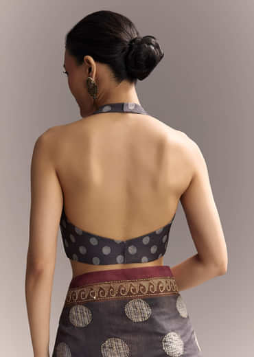 Grey Linen Saree With Authentic Ajrakh Print And Kantha Work